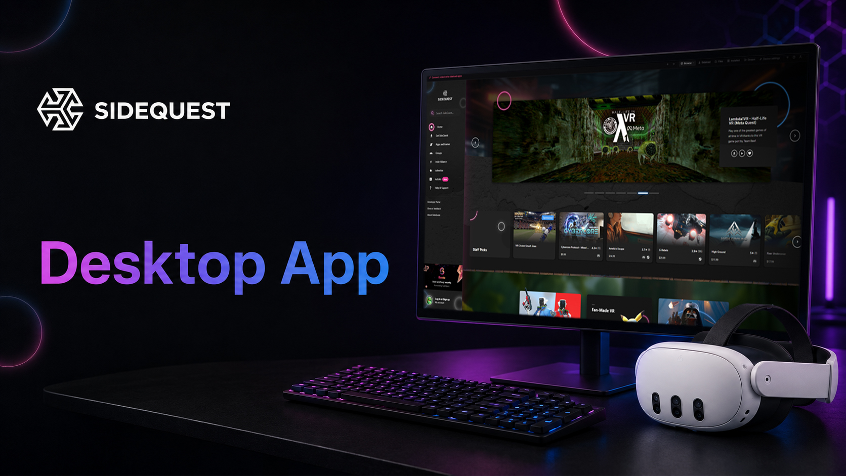 SideQuest promotional image showing the desktop app's store interface on a monitor beside a white Meta Quest 3 headset on a desk